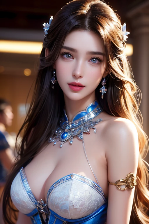 25-year-old Caucasian woman、hair color is reddish、blue eyess、Bob Hair、setting hair、Wearing hair ornaments、My hair is wavy、Slender but thin macho、accessories on the wrist、wearing a chain necklace、Beautiful breasts、a smile、I need space above my head、She is wearing a transparent mini-length princess dress.、Wearing mules、a smile、art nouveau background