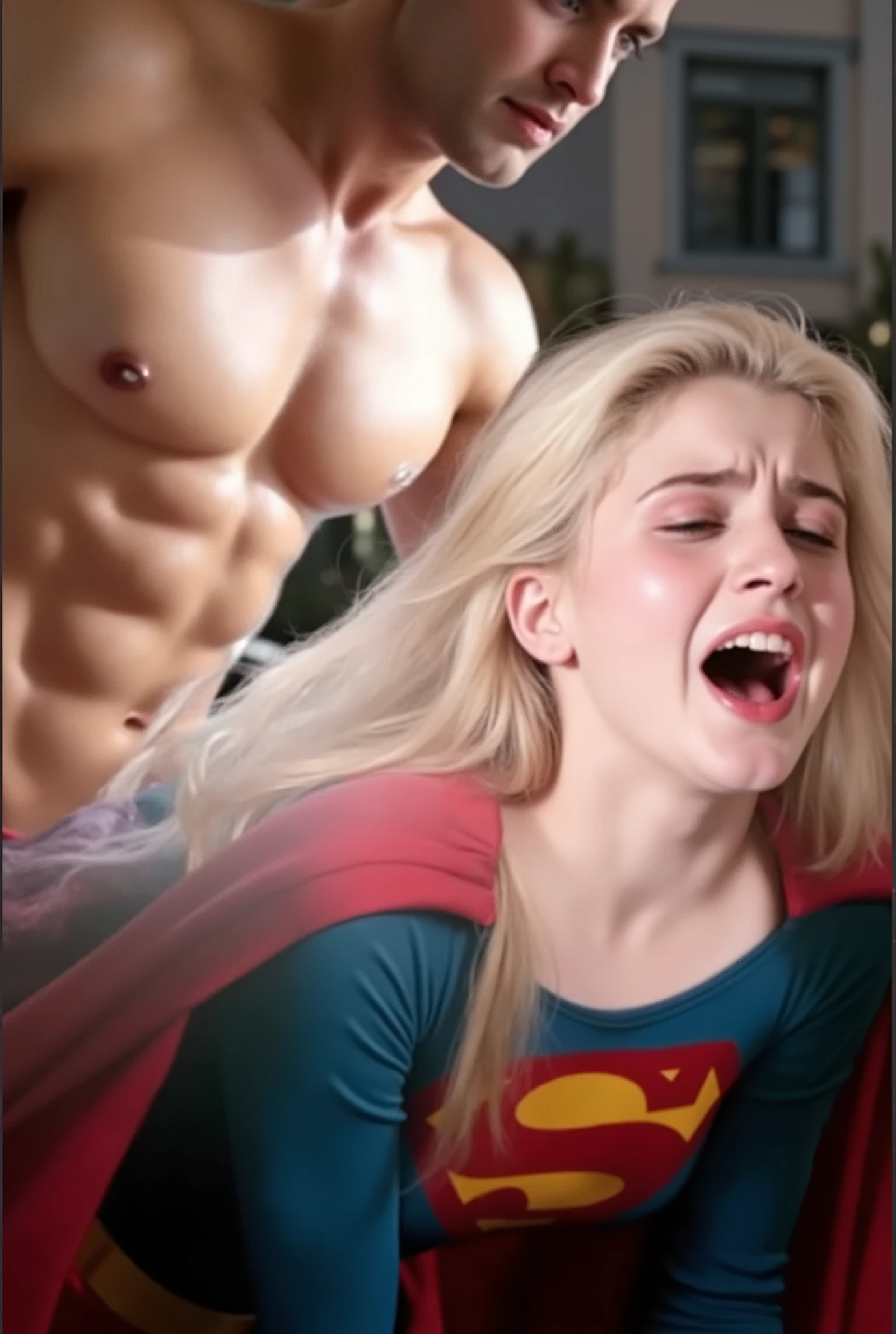 score_9, score_8_up, score_7_up, score_6_up, 1boy, medium , face out of frame, (((1girl , ))),   face, soft  smile, supergirl_artgerm, supergirl, blonde hair, red cape, red skirt, blue eyes, fall,  by handsome man, from front, selfie, eyes fixed, soft smile, wet , sweat, blush, smile, , hot,  in mouth, (((, huge saliva on , girl's cheeks tight))) from above, focus on the mouth, focus on the face, leaning forward, autumn lake, orange tree, yellow tree, (((on the boat, in the middle of the lake)))
