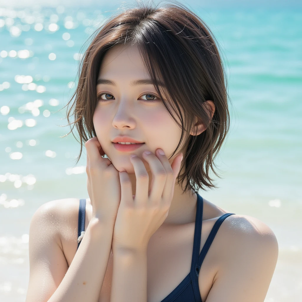 1 girl、solo、surfing、18-year-old、Separate swimsuit、short hair、Laughter、Athletic physique、Fluid movement、Capture the essence of her athleticism and energy、Use bright and soft colors、Create a dreamy and magical atmosphere、Wave movement and elegance、surfingの楽しさを伝える