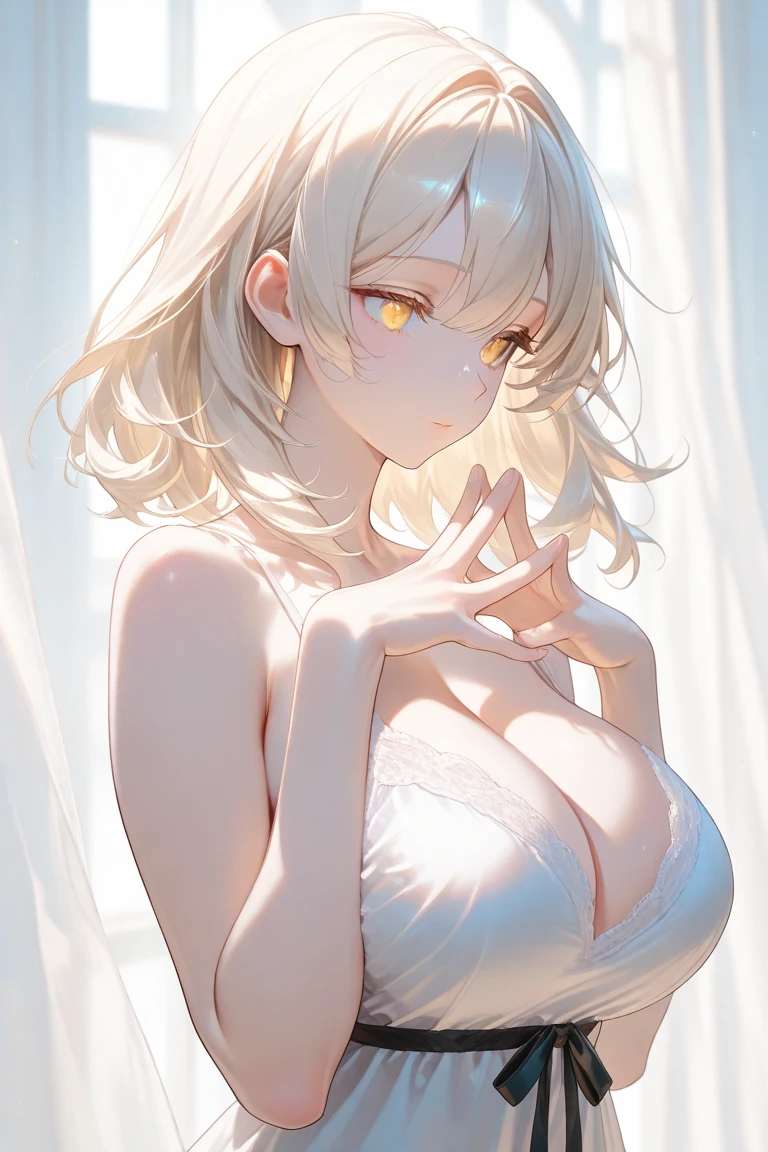 close-up head, facing camera, realistic digital painting portrait of a female human, 3r1nm0r1art72, cute smile, (wavy hair:1.1), (blonde hair:1.3), magical yellow universe, (hair over one eye), (heterochromia), (), (completely :1.3), , tatoo, huge tatoo, detailed collarbone, perfect collarbone, mouth wide open, one hand on mouth, (abstract, background:1.2), (light particle:1.1), (very detailed skin:1.2), (game concept:1.3), (elden ring style:1.3), (arcane style:0.8), (depth of field:1.3), global illumination, art by hoang lap and fuji hoko and artgerm and greg rutkowski and viktoria gavrilenko 