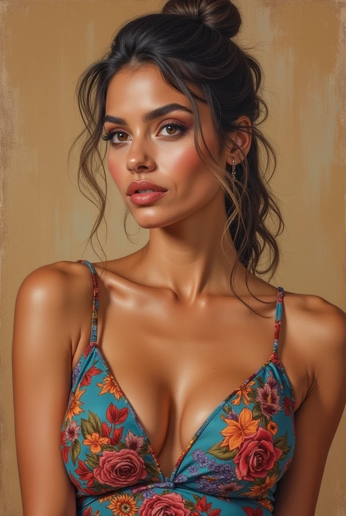 young attractive woman is standing in front of a bamboo background in a bright and natural environment. Ella tiene el cabello largo, lacio y oscuro con reflejos azulados y mechones rojos, y su piel es de tono claro. Her figure is curvy with a pronounced bust and a defined waist.. The woman is wearing a sheer blue lingerie set that includes a bra with thin straps and lace details, and matching panties with a decorative design on the front. His facial expression shows a soft smile and a direct look at the camera, con ojos ligeramente maquillados. En su brazo derecho se puede ver un tatuaje. One of his hands is raised touching his hair while the other is relaxed at his side..