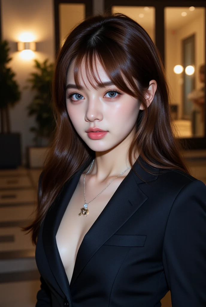  the $1 million night view of Kobe seen from a mountain observatory、 Japanese Women、Age 25、Hostess、 elegant wavy hair 、Blonde、Wear a cabasuit 、Medium 、 Bust up shot 、 for a slender figure、