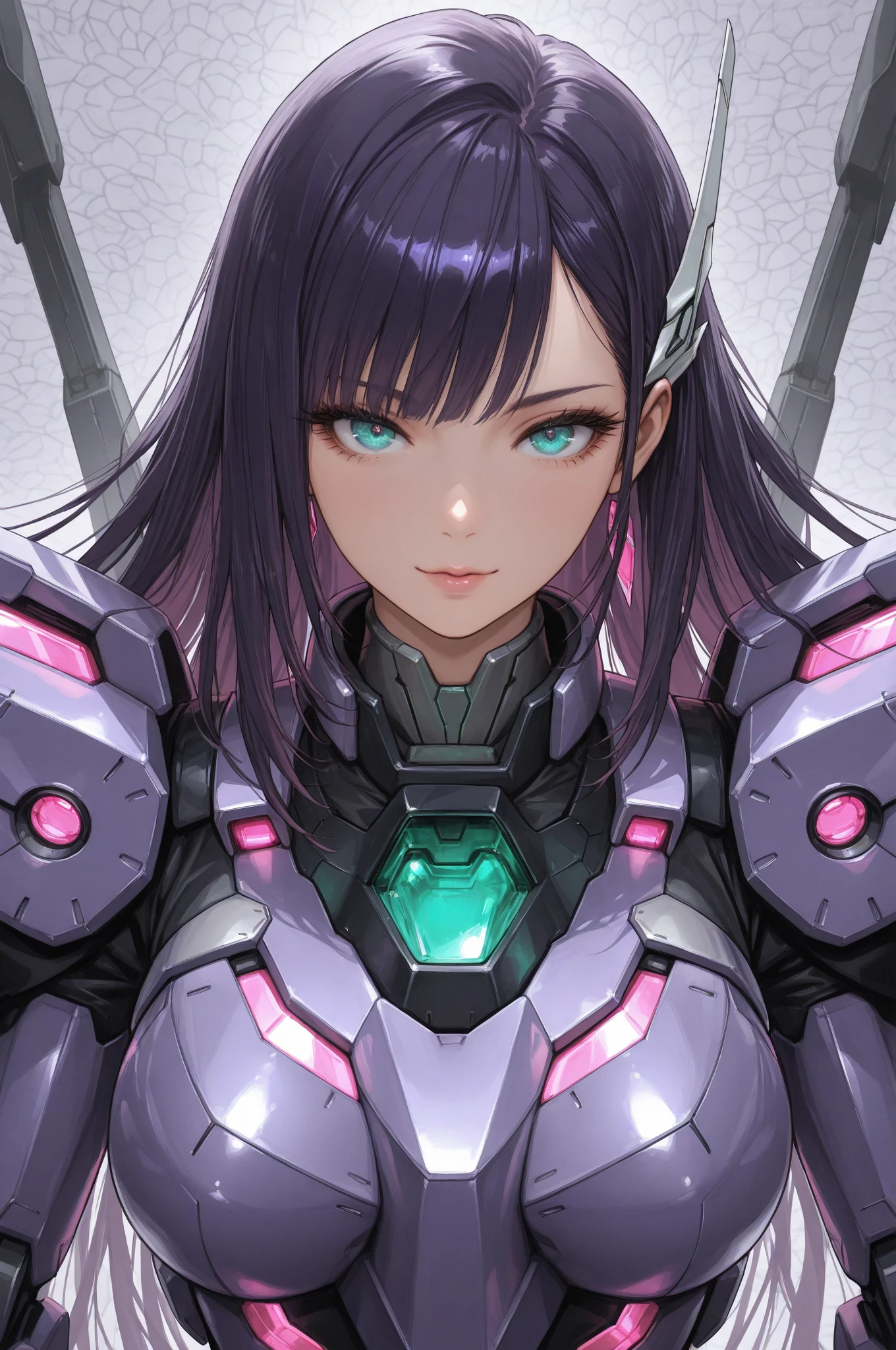 (((masterpiece)),maximum quality, futuristic setting, mulatto character, dark skin, long hair, purple hair, blue hair, pink hair, purple colored eyes, dragon ball style, is inspired by Bulma from Dragon Ball Z.