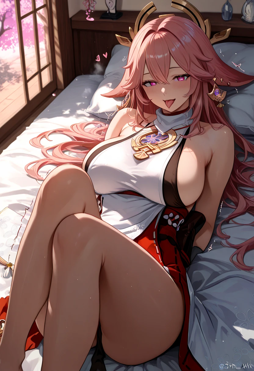 ,A baby-faced beautiful girl around 18 years old,Long pink wavy hair,Emerald green eyes,(Naughty face:1.5),(Red Bunny Girl Suit;1.5),Torn fishnet stockings, aside,bared  chest,Sitting,legs up,(:1.2),( on chest:1.4),( on head:1.2),( on legs:1.2),( in clothes:1.5),