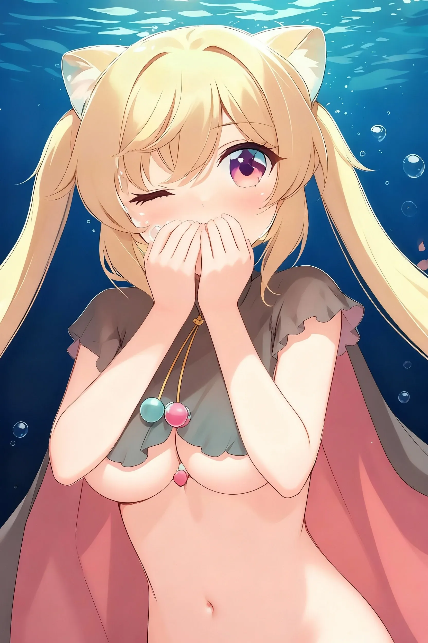  1 girl,  empty eyes ,long hair, , kagamine rin , blonde hair, blue eyes, hair band,   beautiful ???????, ?????????????, solo, ??????, Running, , ?????? , (Sweating profusely, ??????????, Wet Woman, ??????????????????) ?????, , Peeing, lactation, projectile lactation, River