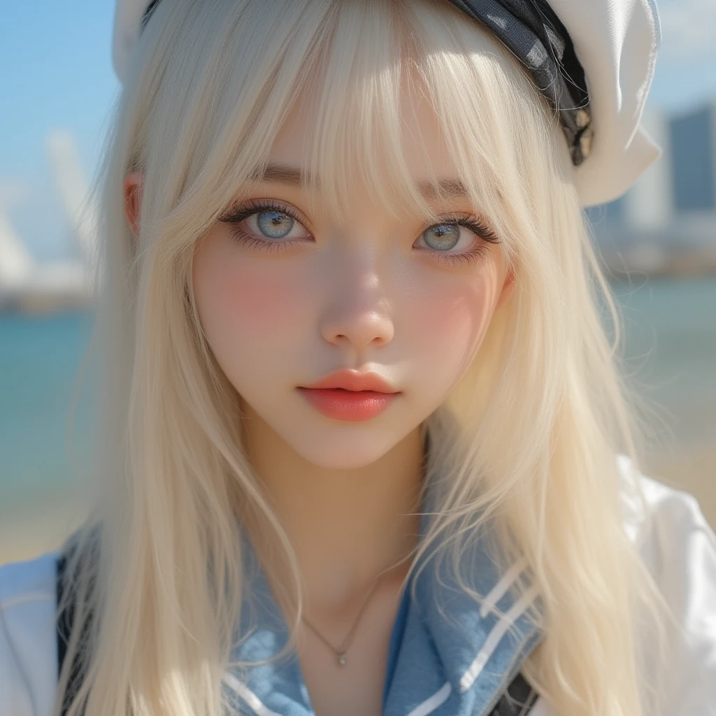high quality,Accurate, attractive,youthful women, Blue eyes Green eyes Odd eye, rose color cheek, thin lips, black curly hair Beret, face forward, cute Mini dress that shows cleavage, beautiful, Thigh-high Socks loafers, Dangling earrings,Choker necklace, evening beach, sunlight,Angle of View