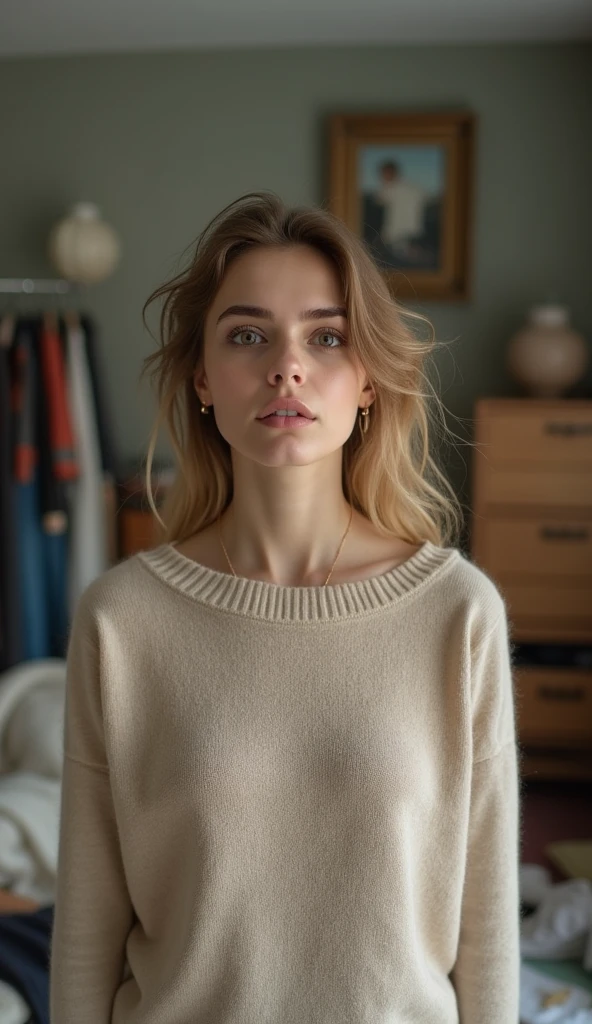 A stunning portrait to the waist of a busty blonde model, radiant in her coral angora sweater. The camera captures her athletic figure against a blurred cosy backdrop, achieved through a wide-aperture setting (f/2.2) and low ISO (100). A moderate shutter speed (1/125s) ensures sharpness while the Auto White Balance renders accurate colors. Shooting in RAW format allows for easy white balance adjustments later. The focus point is precisely placed on her closest eye, ensuring crisp details. Natural light from the window illuminates one side of her body, creating soft shadows on the other. A reflector or white surface opposite the window bounces light back onto her face, reducing harsh shadows. Exposure compensation adjusts for strong window light, maintaining detail and balance. A 70mm prime lens captures a flattering portrait perspective with good background separation.