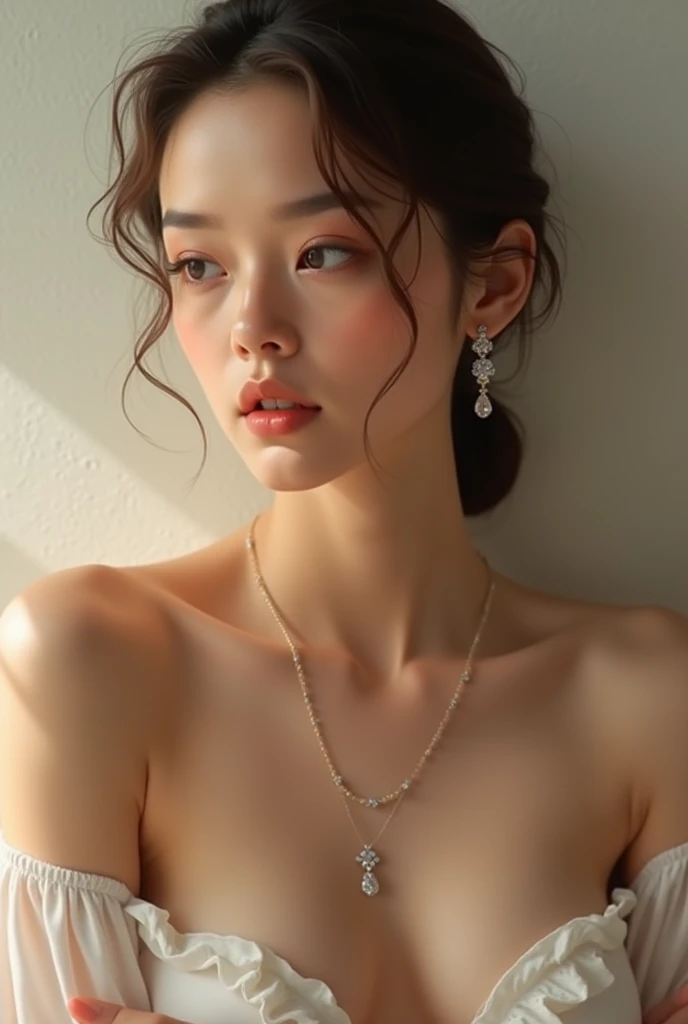 (best quality, masterpiece:1.2), photorealistic, ultra high res, front lighting, intricate detail, Exquisite details and textures, 1girl, (young), face highlight, upper body, detailed face, tear mole, white skin, silver hair, ponytail, braid hair, looking at viewer, big eyes, sun dress, slip dress, (hollow pattern, white, silk), earrings, small , slim body, luxury room, royal palace, professional lighting, photon mapping, radiosity, physically-based rendering,