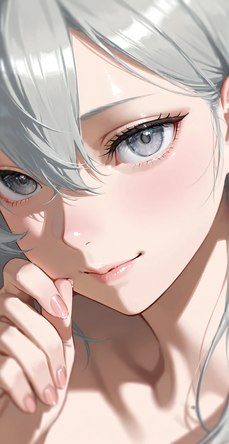 there is a woman with labios rosadostick and a black and white photo, hermosa cara de anime, cara suave de anime detallada, bonita cara de anime, impresionante retrato de cara de anime, Soft anime illustration, cara blanca, glowing cara blanca, cara de anime detallada, high cara detallada anime, cerrar la cara, cara blanca brillante, linda cara de anime natural, cara detallada ), labios rosados