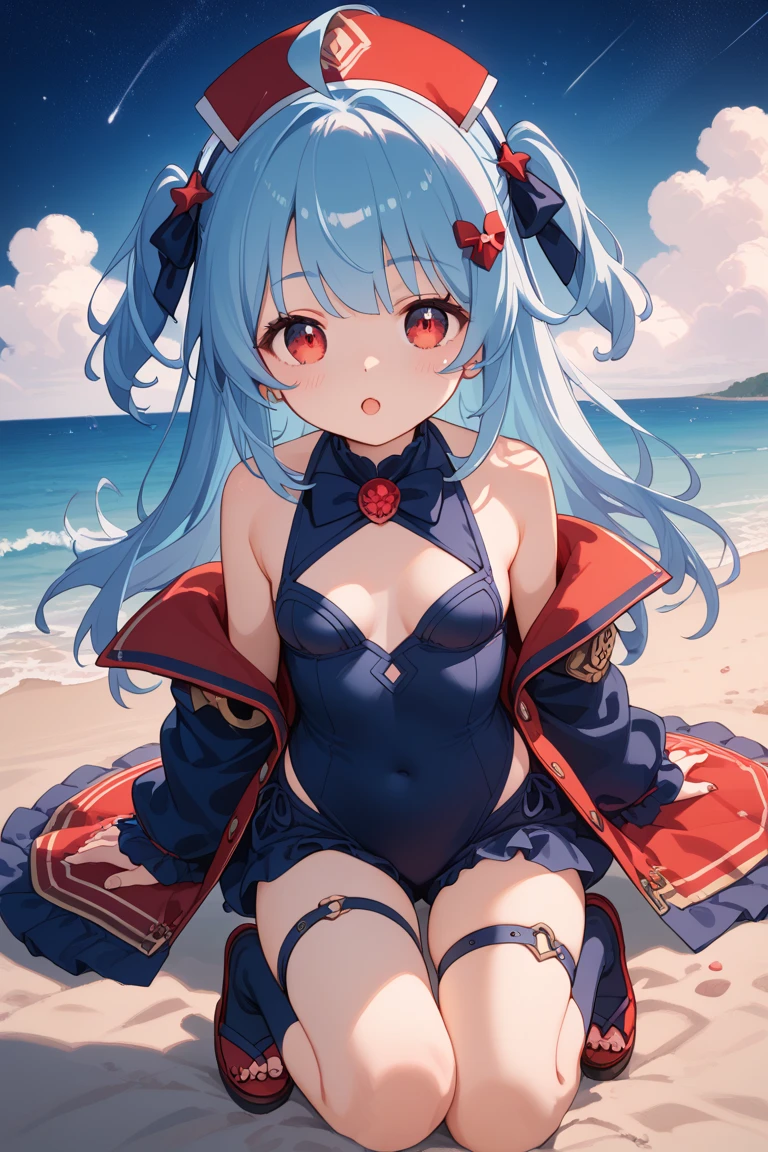 (8K、Top image quality、top-quality、​masterpiece)、1 girl in、Red-haired twintails、demonic horns、Pointed ears、piercings、Red eyes、Show your fangs and laugh、Moderately breasts、redBikini、blue open sky、sea the background of、Into the water、cowboy  shot