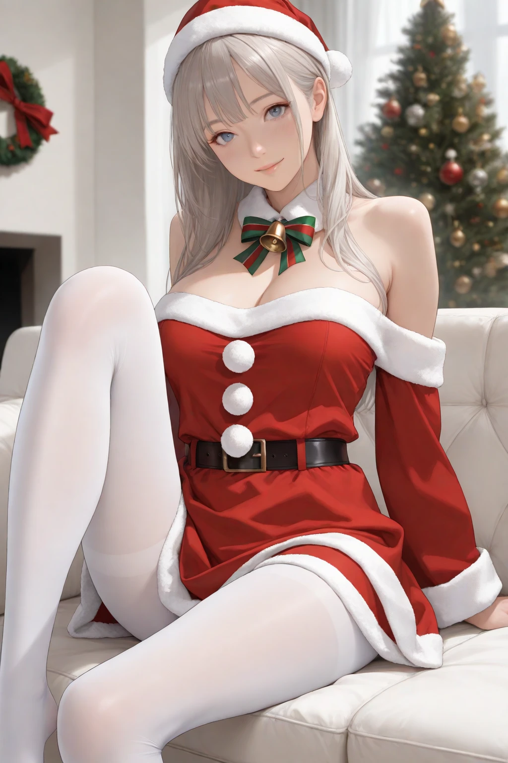 masterpiece, best quality, 1 solo girl, white hair, blue eyes, short hair, wavy hair, Christmas ornaments, ??????????????, mature body and face, red christmas dress, christmas, christmas light, christmas tree, red gloves, red santa skirt, holding gift, red bra, red ?????, leg up, cowboy shots, ???? pose, dakimakura, detailed body, face, and eyes, sharp focus, vibrant, creative, dynamic, high definition, high resolution, 8k, (Upscale: R-ESRGAN 4x+ Anime6B), (Image enchance:4x), voluptuous body