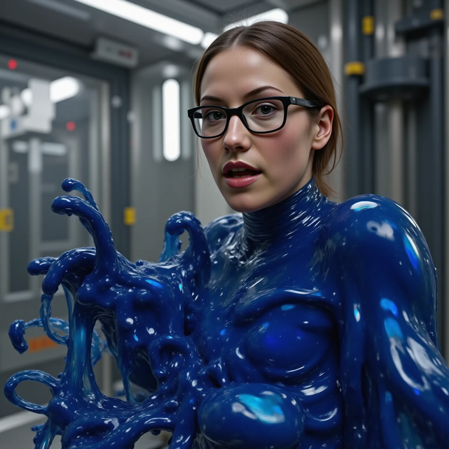 (best quality, masterpiece, RAW photo,ultra-detailed:1.2), 1girl, solo, looking at viewer, ((Hurricane Blue outfit, belt, gloves, helmet, blue spandex vest, blue boots, blue skirt, gray leggings, white gloves)), very large melon sized , (((:1.1))), ((tentacles:1)), , raised arms, tentacles wrap around arms and legs, tentacles pressing on her , tentacles squeezing her massive melon size , dark room, eerie light, close up, industrial background, upper half body, , wet