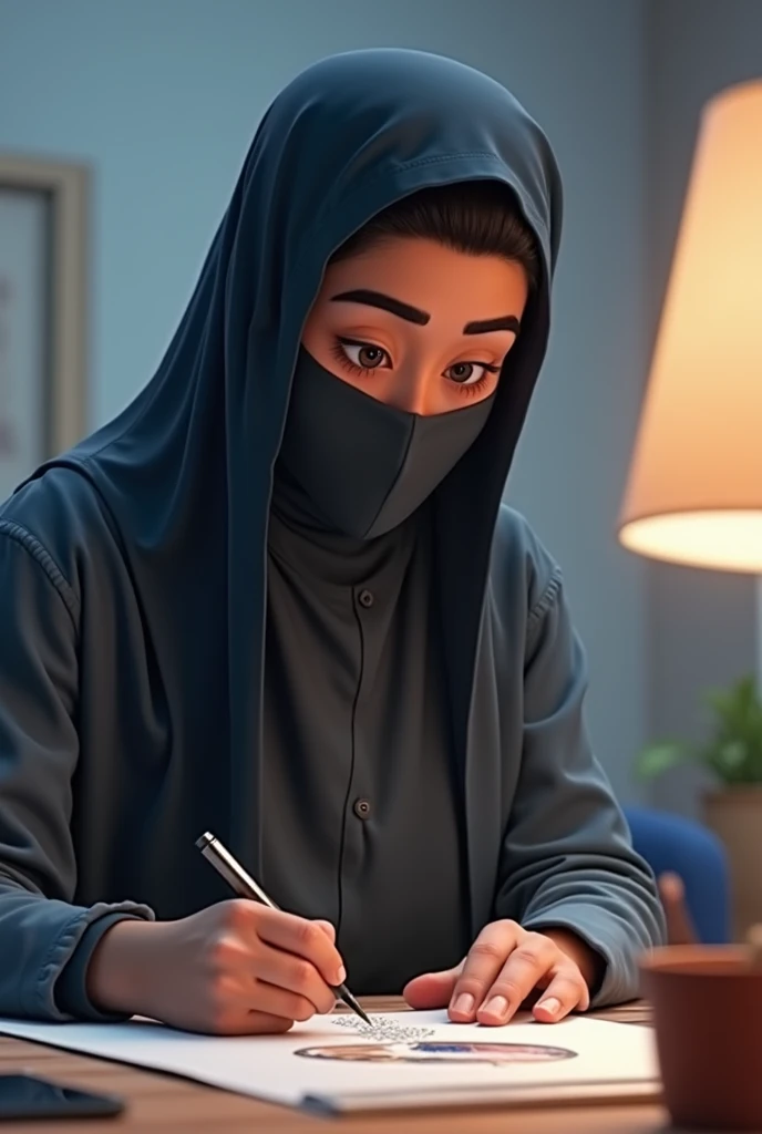 (1 mature girl), 48 years old, sitting on a chair in an office, ((wearing hijab)), wearing white long shirt, wearing fabric long pants, shot from above, wearing niqab, wearing mouth cover