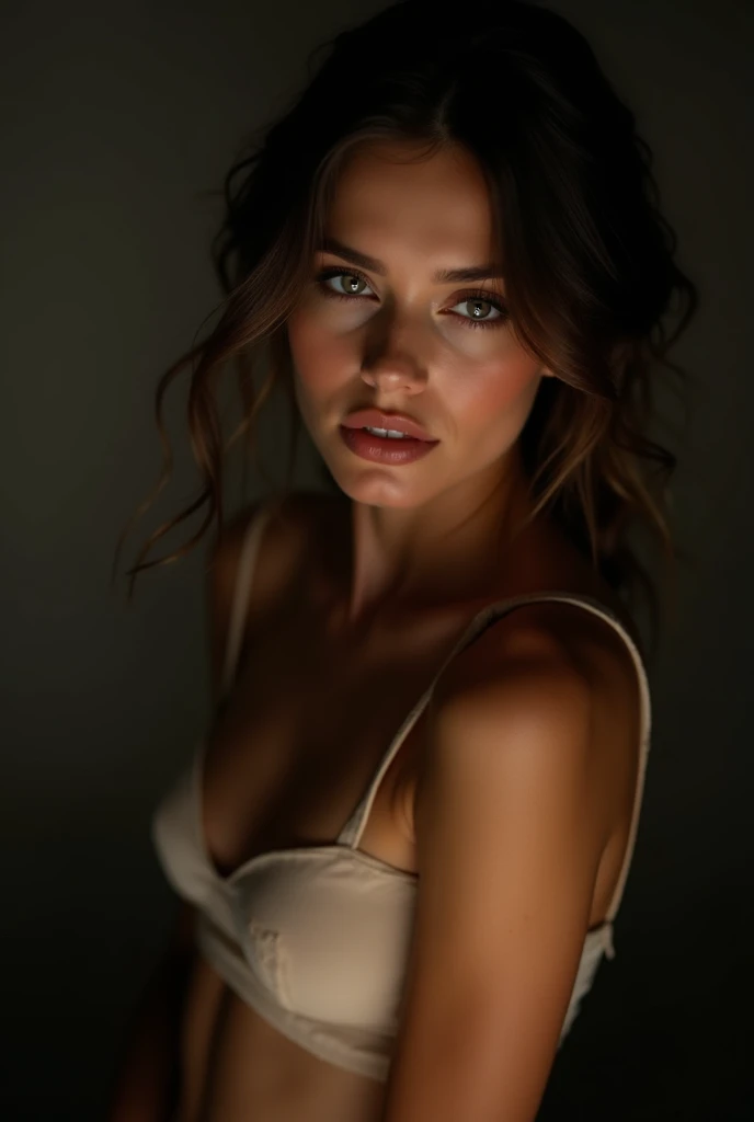 a chiaroscuro portrait of a beautiful young woman, full body, detailed eyes, detailed lips, extremely detailed face, long eyelashes, porcelain skin, elegant dress, dramatic lighting, cinematic composition, warm color palette, oil painting, award-winning, (best quality,4k,8k,highres,masterpiece:1.2),ultra-detailed,(realistic,photorealistic,photo-realistic:1.37)