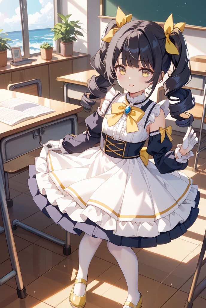 Full body,(( Upright)), ((Arms at sides)), Looking at Viewer, Simple background, 1girl in, Open mouth, Smile, Virtual Youtuber、girl with、、((Best Quality, high_resolution, Distinct_image)),(Black hair), (Black cat ears), (Ahoge), (absurdly short hair), (Wavy Hair), (Blue eyes),、A smile、large full ,(wearing shoes on feet),((is wearing  Girl Costume)),