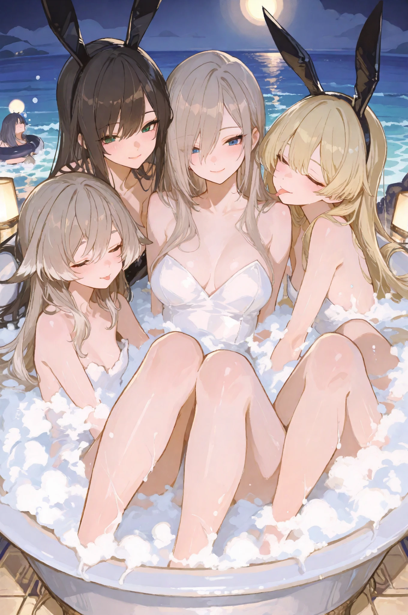 (Highest quality、detailed、masterpiece、８K)、(Five cute girls hugging each other)、slender、Perfect nude、Midsummer Sea