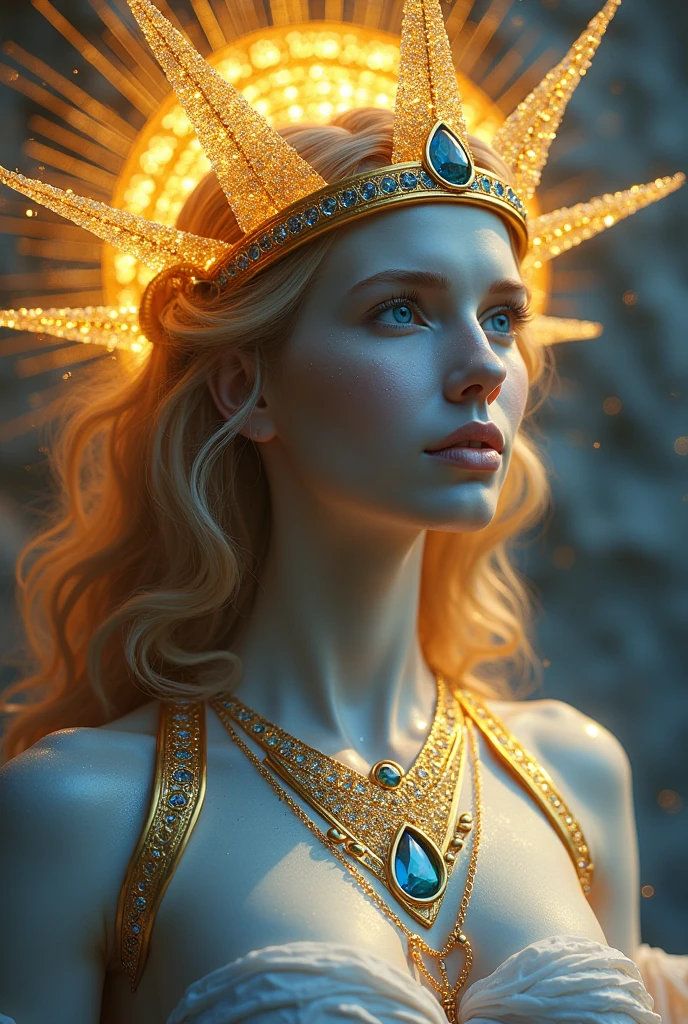 ( raios de luz ) Lindsey Vonn as a MYTHOLOGICAL DIVA in a golden , cinto dourado, golden armlets, braceletes dourados largos, coxas expostas, right arm pointing upwards, head looking up, , athletic  body, olhando para o lado, Musculatura suavemente definida, back vision, perspectiva de corpo inteiro, Realismo 32K, obra prima.