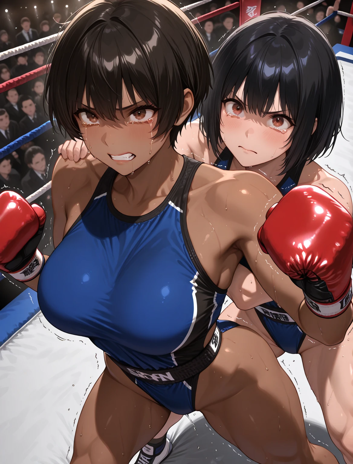 A confident heavyweight female mixed martial artist、Attacking a bloody lightweight female high school mixed martial artist with punches。The lightweight female high school mixed martial artist was in agony from the severe damage.、Open mouth and drool、With one eye closed, it seems painful。Fighting inside the Octagon。I'm soaked in sweat。open finger gloves。。 。black hair short cut。
