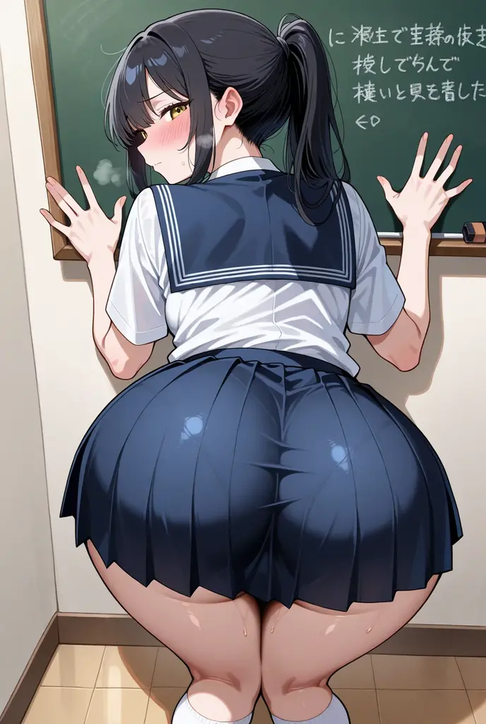 masterpiece, best quality, ultra high resolution, high school girl, sailor uniform,  hair, wide, Blue eyes, hair ornament, flower ornament, con chasquilla, Black pants, thick thighs, big , Back.