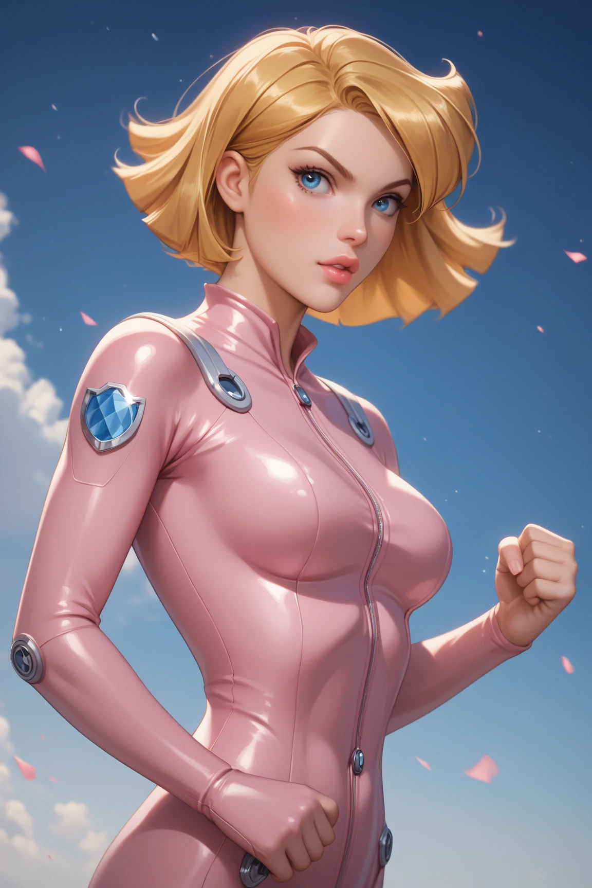 ((masterpiece)), ((cinematic lighting)), realistic photo、Real Images、Top image quality、1girl in, sayla mass, Elegant, masterpiece, Convoluted, slim arms, (wide hips), fit thighs, (thigh gap), Best Quality, absurderes, high face detail, Perfect eyes, mature, Cowboy Shot, , Vibrant colors, soft pink uniform, soft pink Skirt, white tights