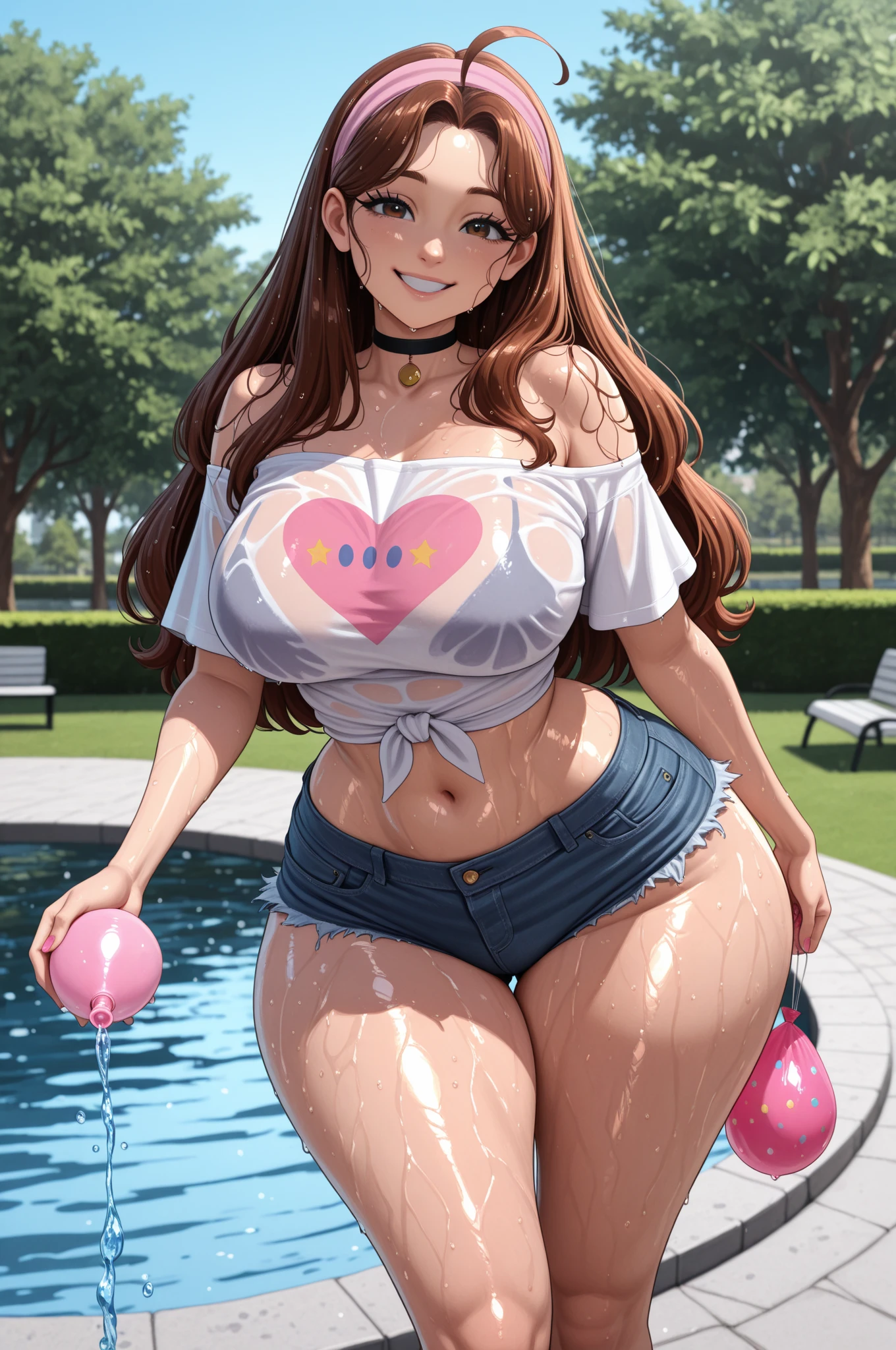 score_9, score_8_up, score_7_up, score_6_up, 1girl, (source_anime), 2d, shiny skin, female, standing, looking at viewer, ((hair, snout)), smiling, lips, eyelashes, eyeliner, ???????????, cleavage, , light brown fur, pink eyes, ????, long brown hair, skinny, canine, pink, kawaii, sparkles, domestic dog, curly hair, small waist, huge thighs, , big eyes, kawaii background, white shirt, pink ??????, light pink, bimbo furry, bimbo girl, big ????, outside, hair in ponytail.