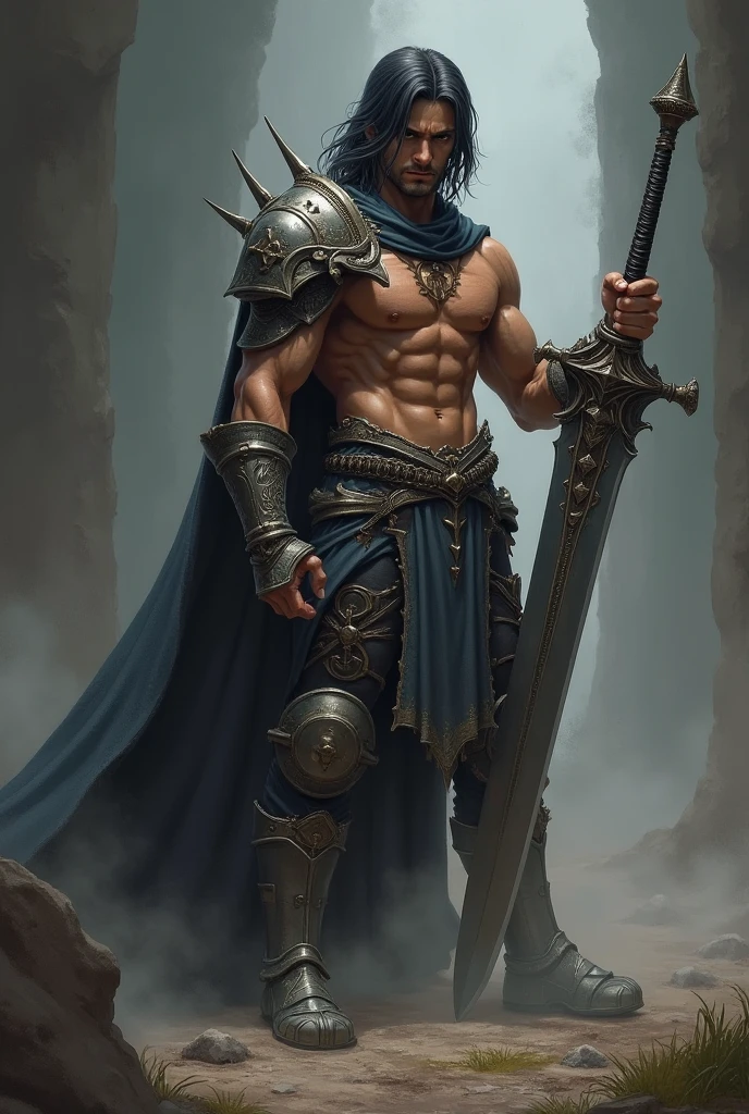 (((Solo character image.))) (((Generate a single character image.)))  (((Dressed in medieval fantasy attire.))) (((Very   expression.))) Generate a male fantasy character who is a good looking, handsome criminal.  He is a shifty and suspicious individual who is untrustworthy and somewhat sinister.  But he is a confidence trickster. Shoulder-length black hair.  Looks like he has the physique of a warrior and mma fighter, He looks like a dangerous man.  Handsome.  Intense stare.  He looks like a very  male villain for a fantasy setting.  ((( attractive.)))  (((Looks like a , muscular male model for a fantasy setting.)))