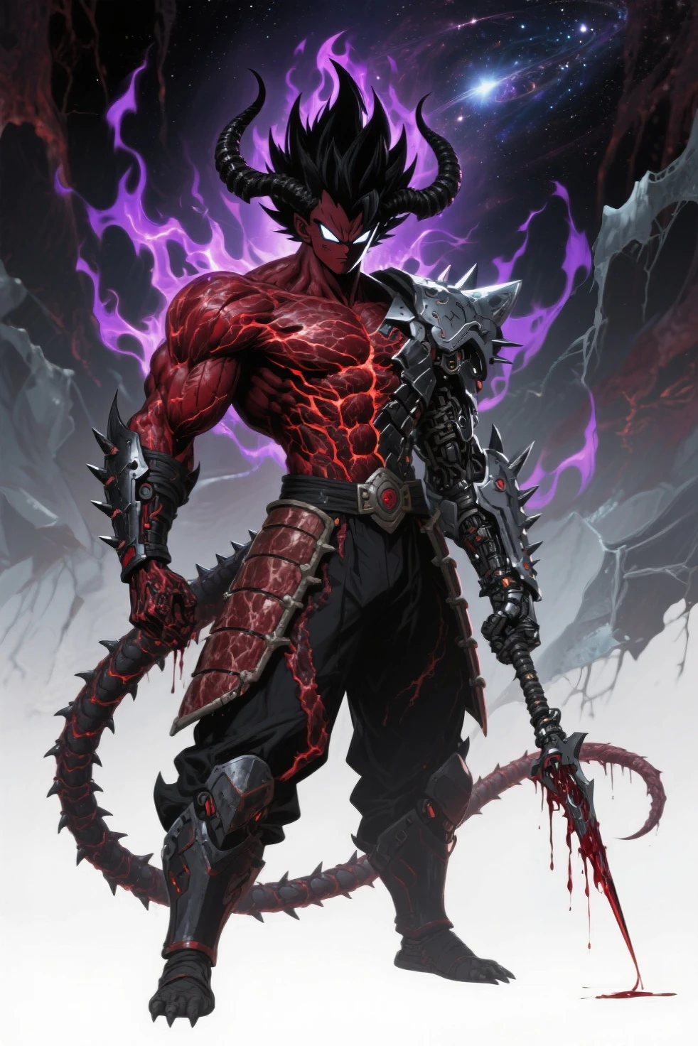 best quality,masterpiece,Ultra-high resolution,1 person,looking at the audience,one,Yamamoto Takashi style,night，simple background,White_background,Machinery Division，Exoskeleton，，Sexy，Handsome，Cold-blooded short-haired man，Beard scum，muscle，tough guy style，tattoo，Perfect proportion, anatomically correct, (from head to foot: 2.0), (Full body image: 2.0), alone, extremely stylized, abnormal art, masterpiece, Very detailed, delicate eyes, expressive delicate eyes, Detailed student, Futuristic, ((Wearing a crown)), ((holding scimitar and shield)), (Cybernetic weapons:1.4), big boot, Full body image, full-body shot, tassel, Large beads, (Big tassel), cyberpunk, ink punk, paint tray, Ink splatter, chain mail