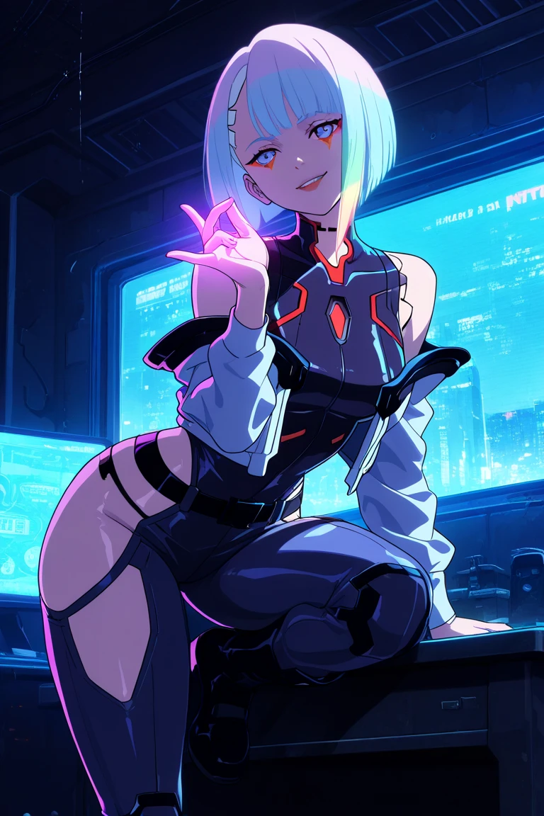 1girl,lucy \(cyberpunk\),cyberpunk \(series\),cyberpunk edgerunners, crossed legs, middle finger, ,masterpiece,best quality,newest,absurdres,highres