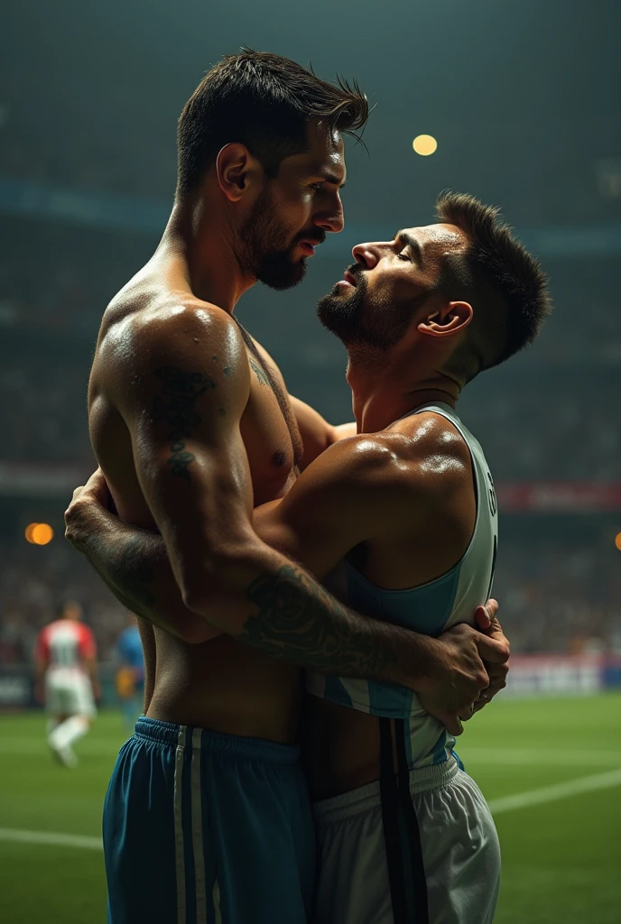 2 Capitanes musculosos de futbol americano hipnotizados y sin camisa,  and kissed on the mouth by another smaller and thinner young man, Bulto grande, mostrando pectorales y abdominales completos,wet dreams, Great , besos,  gay, fondled