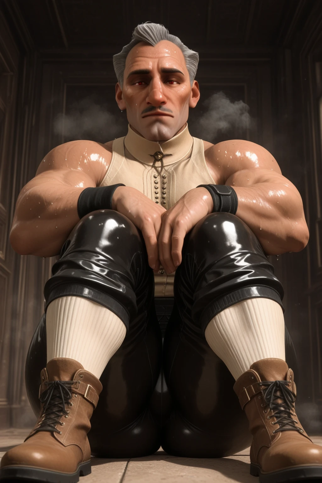 barret, dark skin male with gun arm and tattoo, sunglasses , (sailor) , full body , black boots , laying 