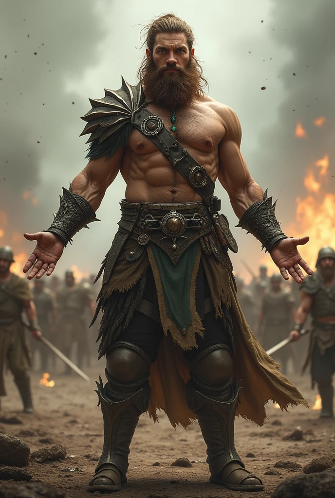 (Award-winning masterpiece:1.5), (incredible detail), (hyper realistic:1.4), (whole body:1.7), (brutal creature wounded), (vikings pressing the attack), (arrows and spears piercing the creature), (detailed depiction of wounds and blood), (dramatic lighting), (intricate details:1.1)