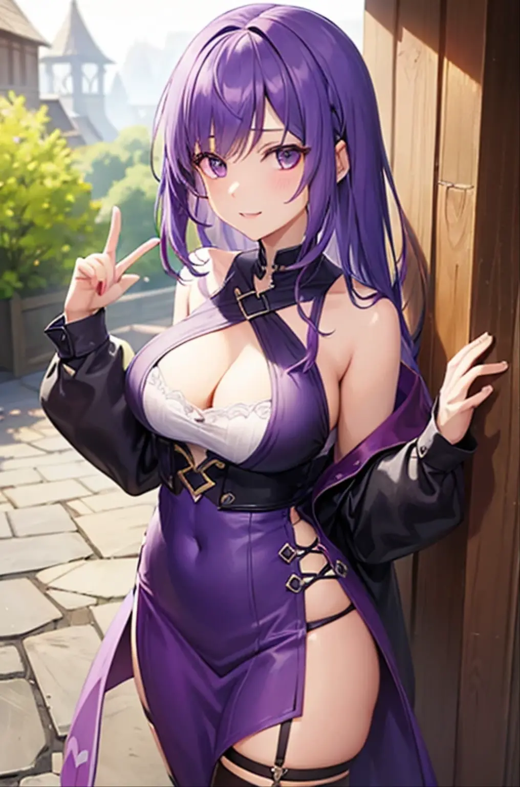 Masterpiece, Best Quality, Multiple Girls, Tits, 2Girls, Yae Witch, Raiden Shogun, Purple Eyes, Pink Hair, Japanese Costume, Purple Hair, Big Breasts, Long Hair, Cleavage, Hair Accessories, Thighs, Purple Kimono, Stockings, Bangs, Animal Ears, Sleeve Removal, Fox Ears, Wide Sleeves, Kimono, Moon, Weapon, Braid, (KBXLL: 0.8), Glasses,  Armpits, Squat, Kneeling, Two Girls, Sweating, Blushing