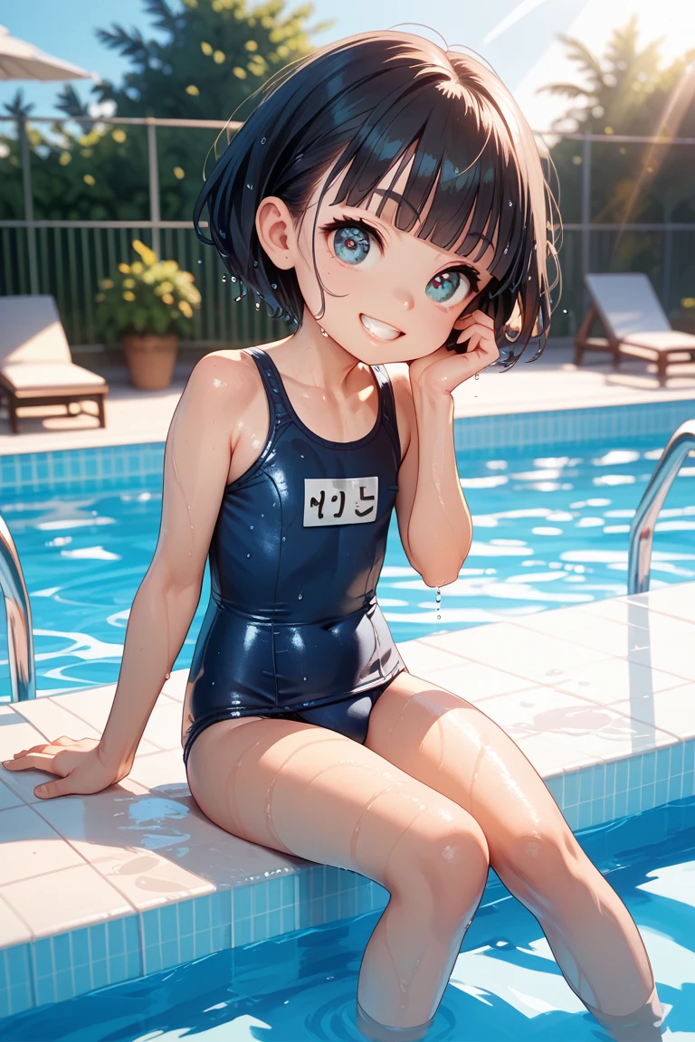anime girl in a navy school swimwear sitting on the ground next to a pool, Smooth anime CG art, is wearing a school swimwear, school swimwear, 魅惑的なanime girl, anime moe art style, Cute girl anime visual, wallpaper anime blue water,  anime style、cinematic lighting、highest quality、(1 female)、school swimwear、しゃがんでopen your  your legs、学校のpool、black haired、butt、young face、baby face、anime girl、master piece, highest quality, highest level, Highest image quality, muscte piece, intricate details, high resolution, depth field, Natural light, professional lighting, old style school swimwear, navy blue school swimsuit, ((The shoulder straps of the swimsuit slip off., come off)), from below、((from the front)), ((Concrete background)), Hands in the correct position、５finger Nanasaki、sunburn、dark skinned、pool、evening、nipple、crotch opening、sunburn跡、Natsu、black haired、shortcut、