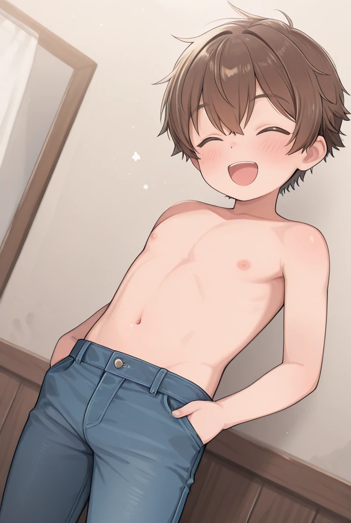 (score_9,score_8_up,score_7_up,score_6_up,score_5_up,score_4_up), 8k, best quality, best lighting, in pop anime style, 1  is 10 yo, ((slender body)), (twink), cute eyes, wearing boxers trunks, ((veiny arms)), ,((extremely super huge and thick and long and long and long  shape bulge: 1.4)), ((extremely super big and heavy and huge  :1.4)),  stick out from pants, wide shot,