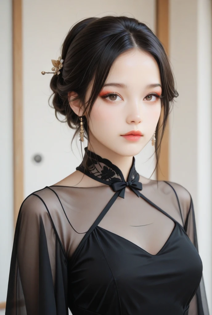 tra-detailed、Japanese、attractive beauty、 adult woman、pretty woman、piercing eyes、cool girl、short ponytail、wavy hair、swept bangs、Long Black Cheongsam、wide sleeves、Evil cadres、evil depravity、brainwash、mind control、lipstick、lip gloss、dark makeup、smirk、whisper in your ear、Evil expression、evil、hollow eyes,half-closed eyes、empty eyes、evil、church at night、vampire、succubus、vampire、Swear allegiance、sexy pose、hair ornaments、