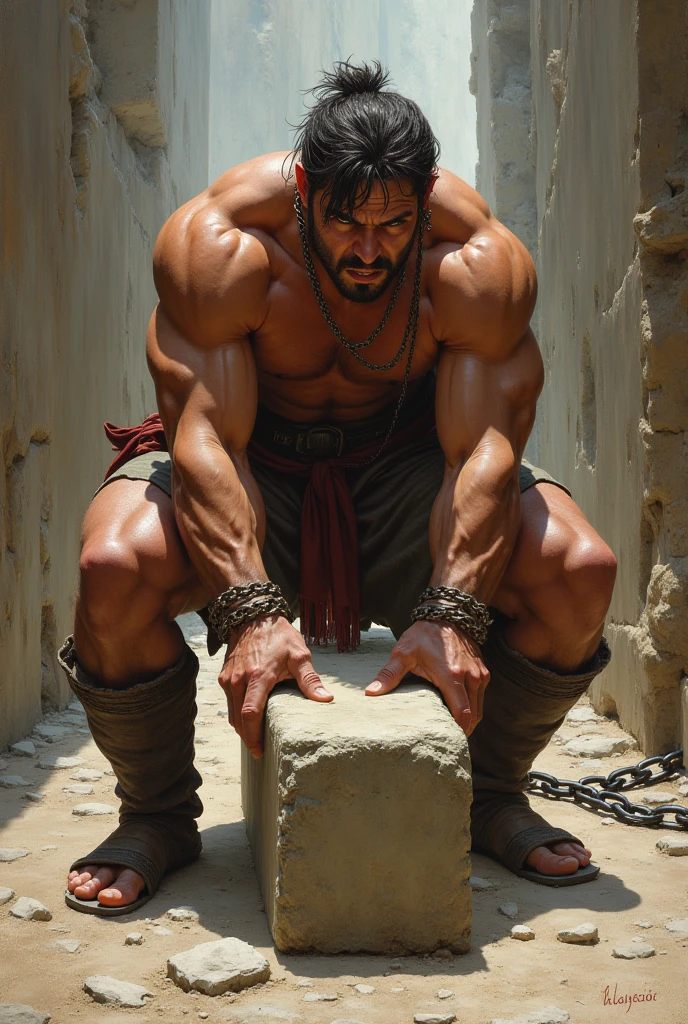 A dwarf fighting a muscular lion 