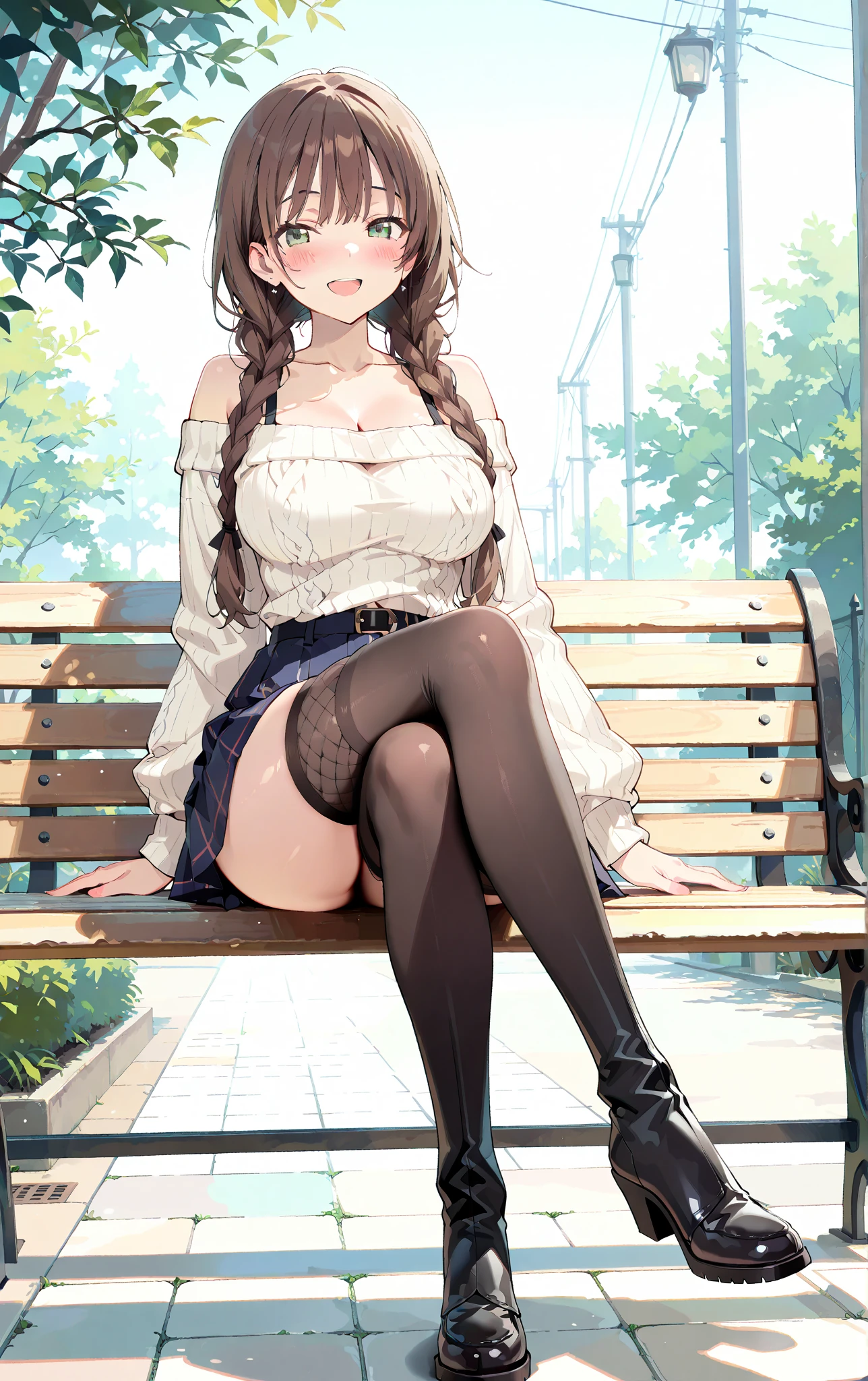 short skirt knee-high sock,soff-shoulder sweater choker large breasts, slim waist, large ass, slender legs high heels