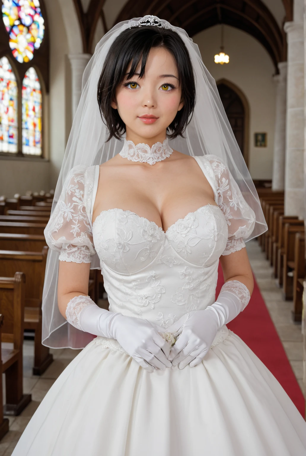 huge breasts, upper body, masterpiece,8k, best quality, good hands, wide hips,good eyes, 1girl, solo, high detail hair, maximum detail, intricate detail, extremely clear,ray tracing, ,rtx,white wedding dress ,smile, shy, blush, strapless, embaressed,yamanobe tomo purple hair red eyes medium hair (((huge breasts:1.3)), mature female,wholesome,on d850 film stock photograph 4 kodak portra 400 camera f1.6 lens rich colors hyper realistic lifelike texture dramatic lighting unrealengine trending on artstation cinestill 800 tungsten, smile, church, holding bouquet of flowers