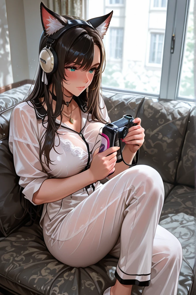 ((From before、True  from a little below、Light up from below))、Beautiful and cute gal、(((Shortcuts)))、highest quality、ウルトラ - High resolution、High resolution、Highly detailed CG、8k unit wallpaper、17 years old、(((A detailed and beautiful face、Detailed and beautiful eyes,Very large breasts、Platinum Blonde Hair、contrast)))、((((((( Brown Skin:2、Dark Skin:2 , Cleavage ,Moist eyes)))))))、(Black glossy body:1.8),((Sunburn mark))、((((((loose socks、Sweat、White cloth and white loincloth、Glowing headphones、High heels、Knees wide open to the outside、touch hair))))))