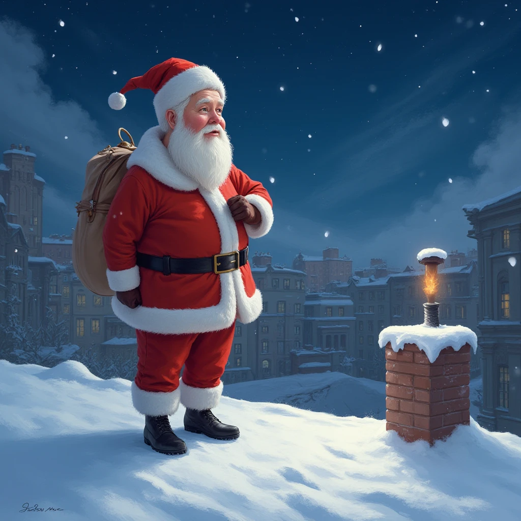 Q version of Santa Claus，Cute and cute，hunchback、chubbiness，Carry a large pocket，the roof，chimneys，Huge moon background，depth of fields，An artwork of，ultra - detailed，4K分辨率，high high quality，电影灯光，High picture detail，Detailed pubic hair，epic graphics