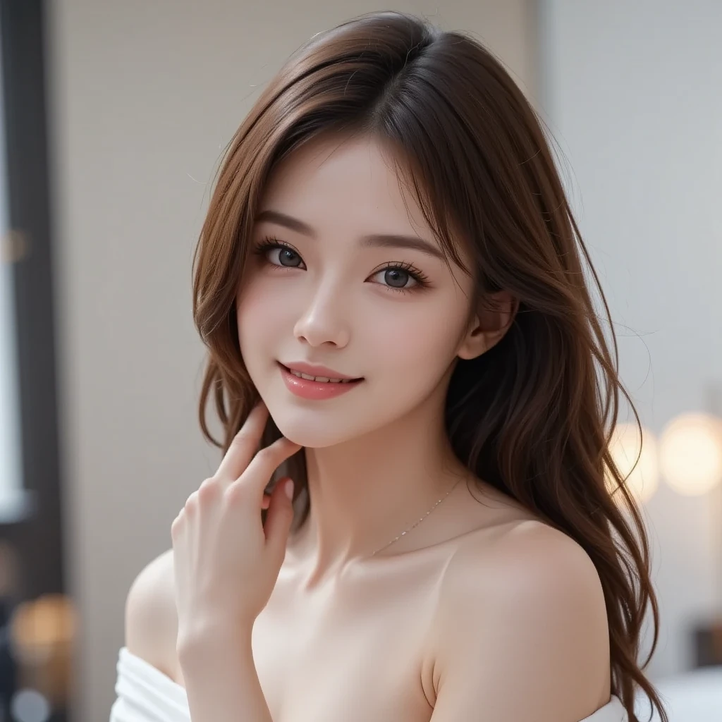 on the table, highest quality, realistic, Super detailed, down to the last detail, High resolution, 4k wallpaper, 1 beautiful woman,, light brown messy hair, wore a suit, fix sharp focus, perfect dynamic composition, beautiful and delicate eyes, delicate hair, 细致realistic的皮肤纹理, smile, close-up portrait, model body shape