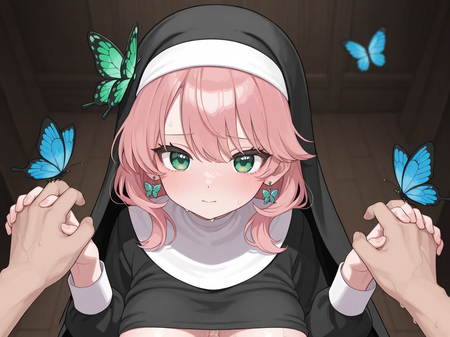 4k、 8 years old 、nun、female  、、、spread 、、on back、black kneehighs、large breasts、 、on the bed、from below 、、black elbow gloves、、Kawaii、spread legasturbation、sweat、open mouth、heart shaped pupils、steam、green hair、short hair