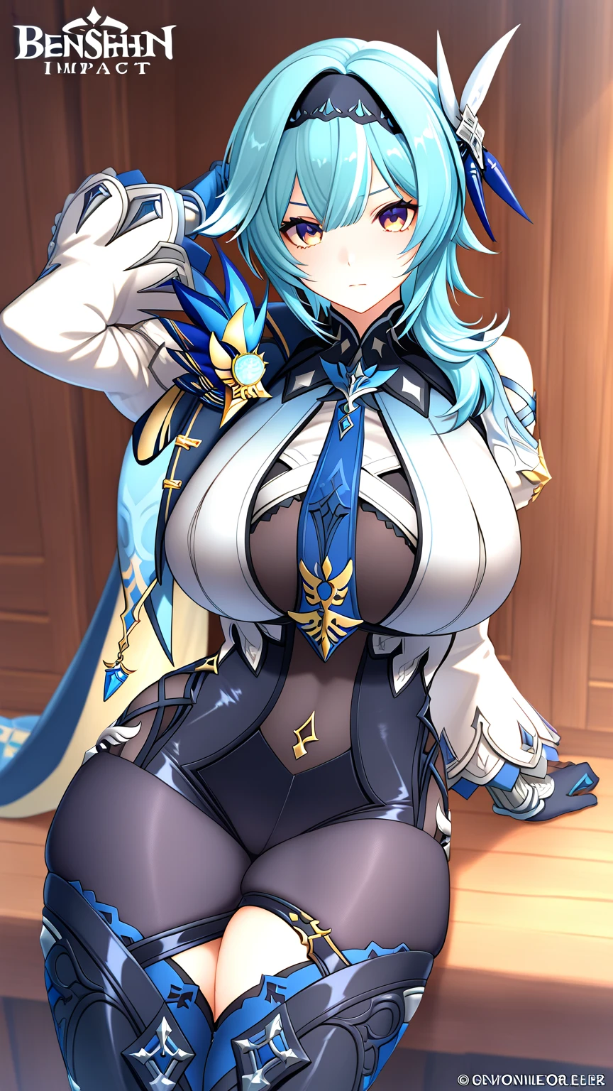 absurdres, highres, highly detailed, (official art, beautiful and aesthetic:1.2), ultra detail, beautiful face, ((mature female)), 1girl, Eula, smiling, black hairband, blue hair, hair ornament, hairband, short hair, yellow eyes, narrow waist, wide hips, thicc thighs, big breasts, [((original costume))], black thigh high boots, black gloves, sexy pose, bedroom with large windows