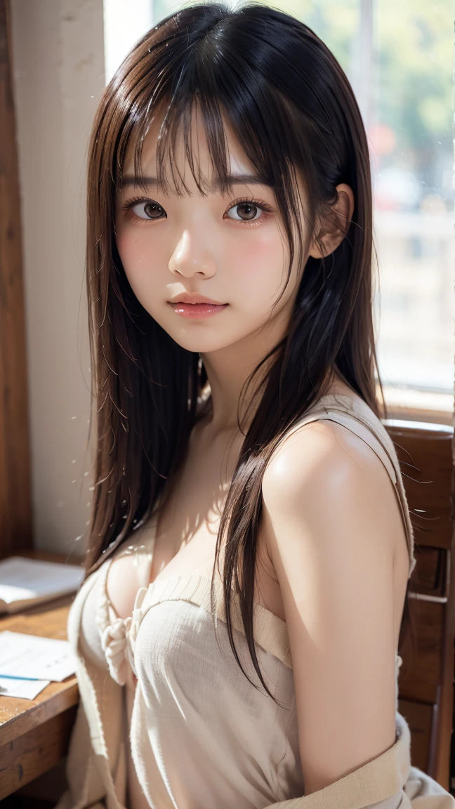 ((Highest quality, High resolution, Hmph, Pixel perfect, 4K, Hmph, Hmph))), single, alone, Beauty、The whole body is visible、 ((Long Hair, bangs, Brown Hair)), ((Brown eyes, Beautiful eyelashes, Realistic eyes)), ((Detailed face, Blushing:1.2)), ((Smooth texture:0.75, Realistic texture:0.65, Realistic:1.1, Detailed Photos)), Medium ?????, Dynamic Angle, Perfect body, ((全?????、I'm not wearing shoes、White Sox)), outside、Sit at a desk、Lower'I took my feet off the desk.............................................................、evening、、、Very embarrassing panic smile、(Spread your legs、Knees wide open、Floral lace panties)、、(Pink lace bra)、Angle from below、((??????????))、((????))、((Accentuated ??????))、(((?????)))、(((With ??????????)))、((Pervert))