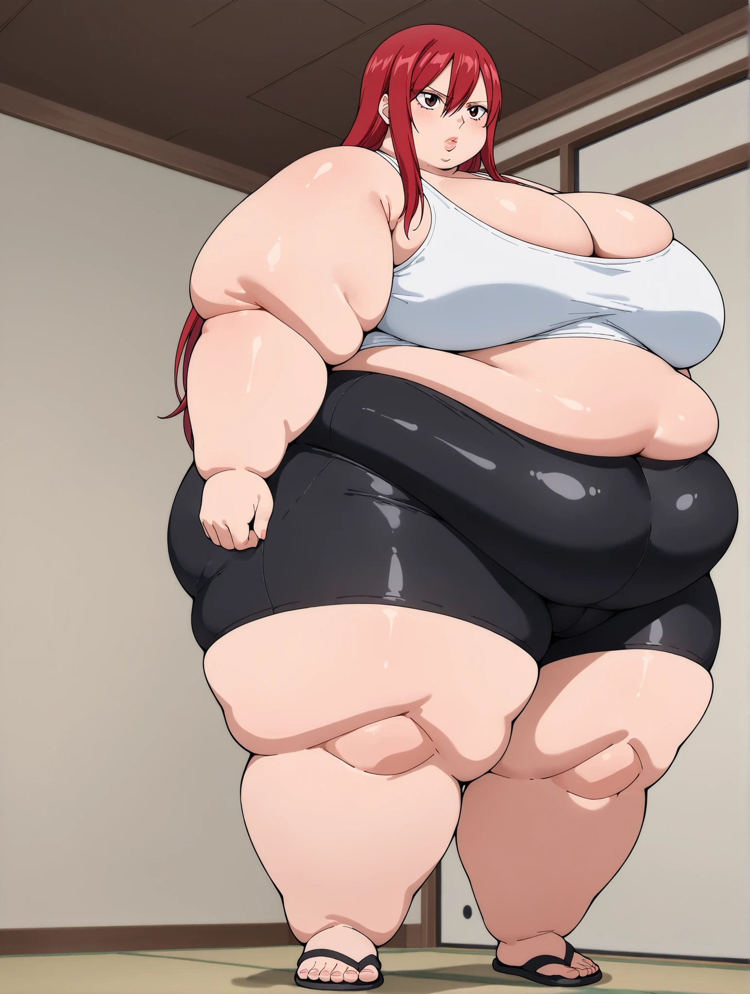 (Morbidly obese:1.1)anime woman, milf, ?????????????, red hair, tight leggings white shirt cleavage seductive face Round face, double chin, fat chin, fat cheeks, fat neck, round face, SSBBW, flabby arms, round face, double chin, fat double chin, big double chin, fat neck, chubby cheeks, fat thighs, fat calves, morbidly obese, flabby , giant , large belly, obese, fat face, belly, double chin, obesity, flabby ???????, fat arms and legs, fat everything,