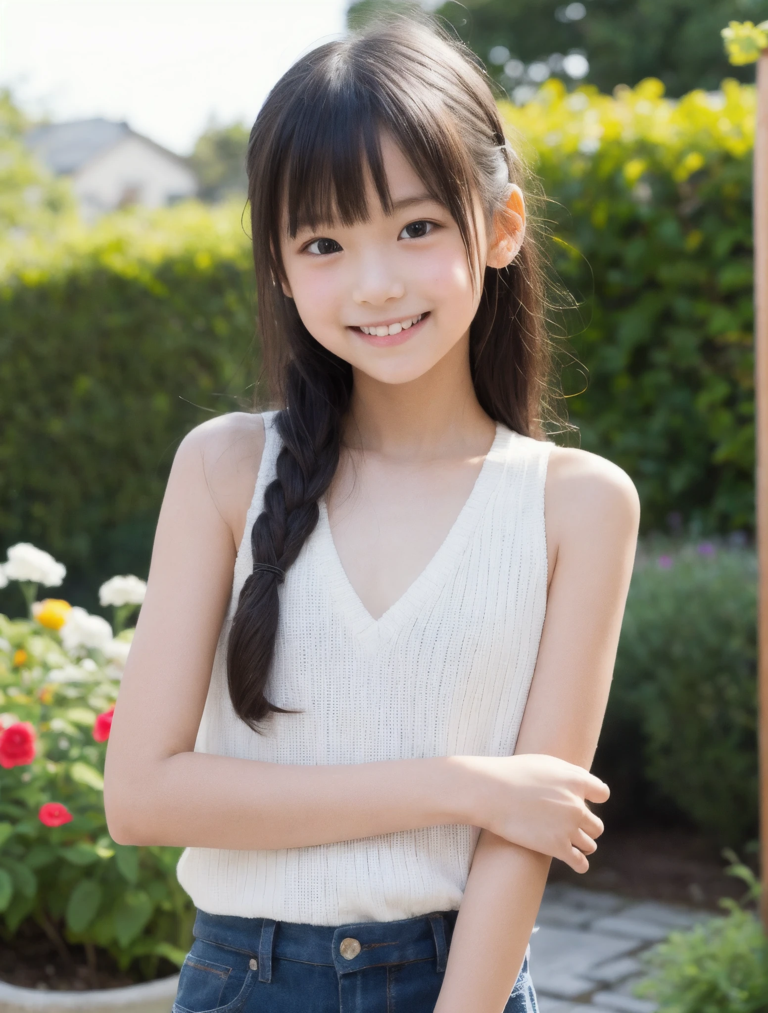 highest quality, High resolution, realistic pictures, detailed skin texture, ((Cute 12 year old Japanese girl wearing a short white camisole)), view audience, slim body shape, charming gaze, Fair skin, baby face, (flat chest:1.2), long straight hair, (:1.2), In the park where cherry blossoms dance, smile, skirtlift