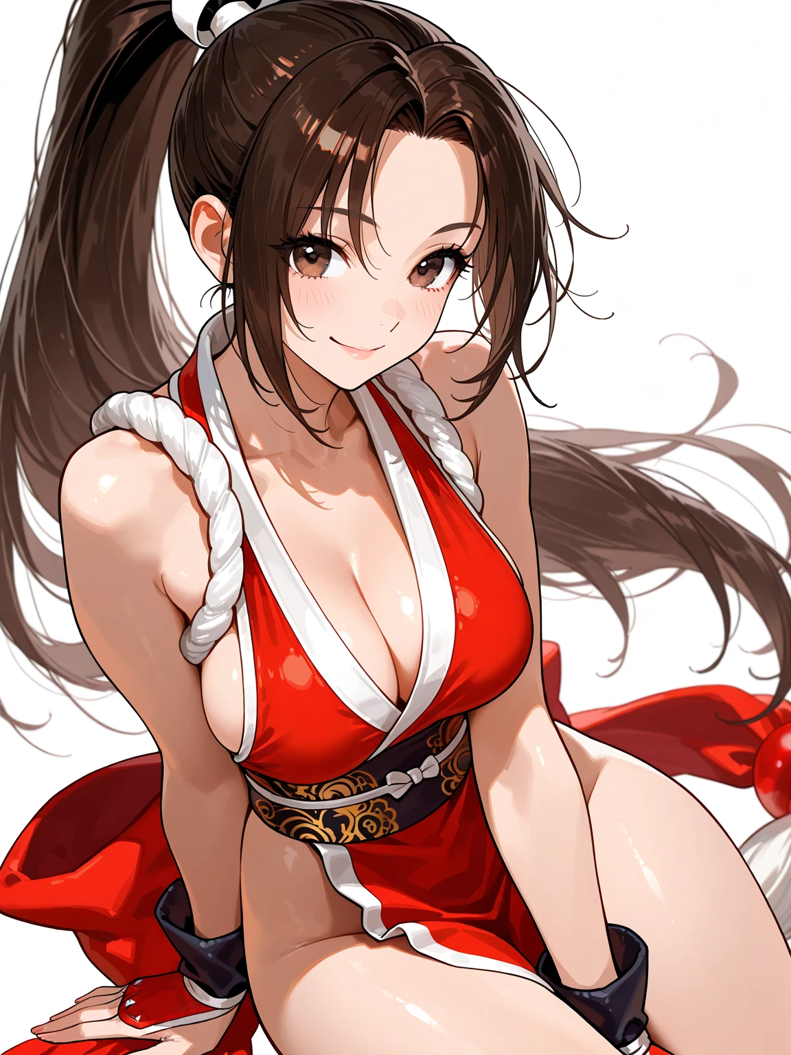 Masterpiece, Best Quality, (Realistic, 1girl, 独奏, beatiful face, Detailed Face, pretty eyes), 5 year old girl ,thights, Long hair,  pony tail, The ????? contains::, Red, shinobi, ninja, ???? Shoulder, elbow gloves, Skirt curtain, Handheld fan, fans