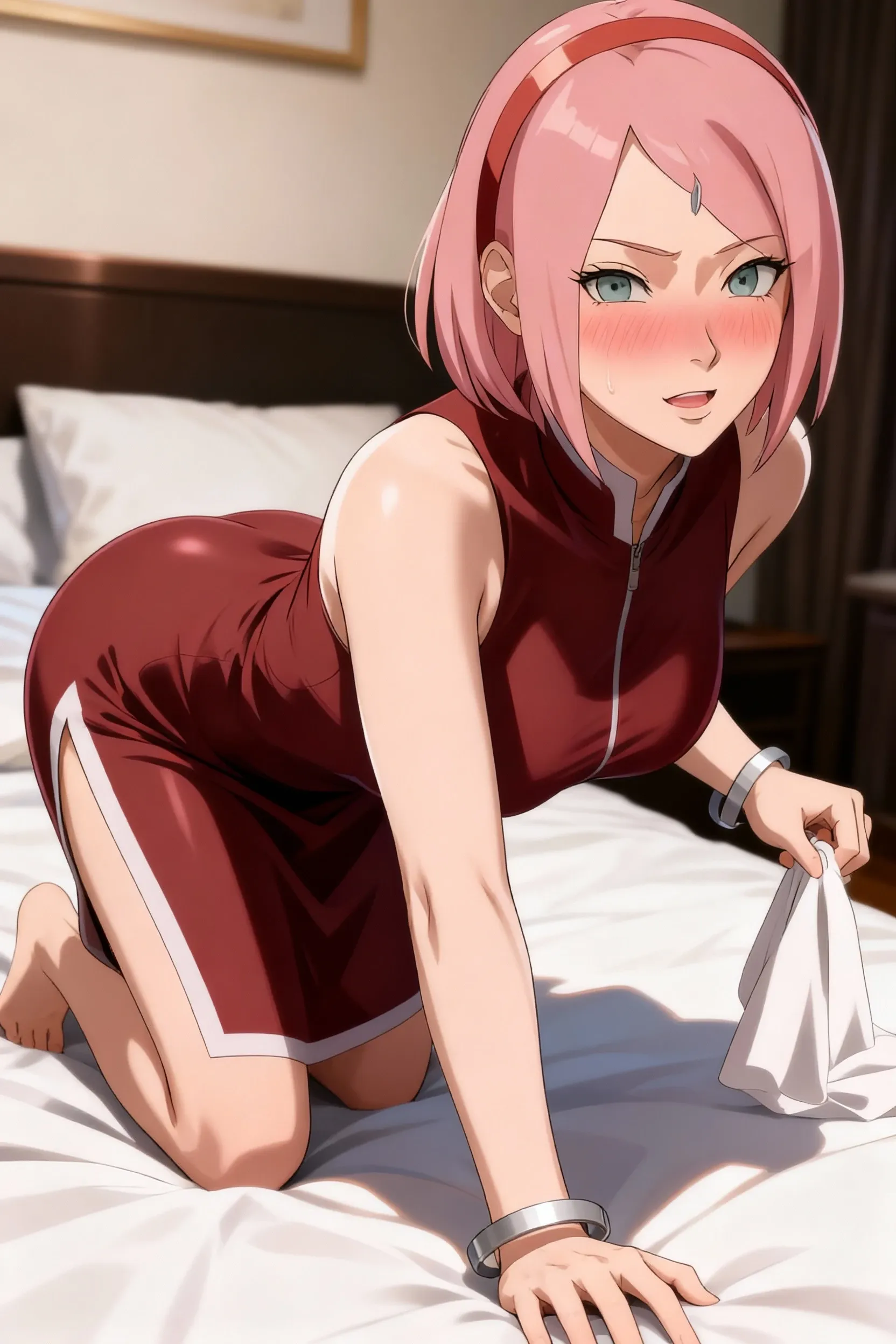 score_9, score_8_up, score_7_up, score_6_up, score_5_up, score_4_up, BREAK, source_anime,
1girl, haruno sakura, pink hair, short hair, green eyes, sleeveless, red shirt, forehead protector, beautiful legs, black gloves,
, , full body, looking at viewer, solo,  konohagakure background, on bed, shy face, looking away,