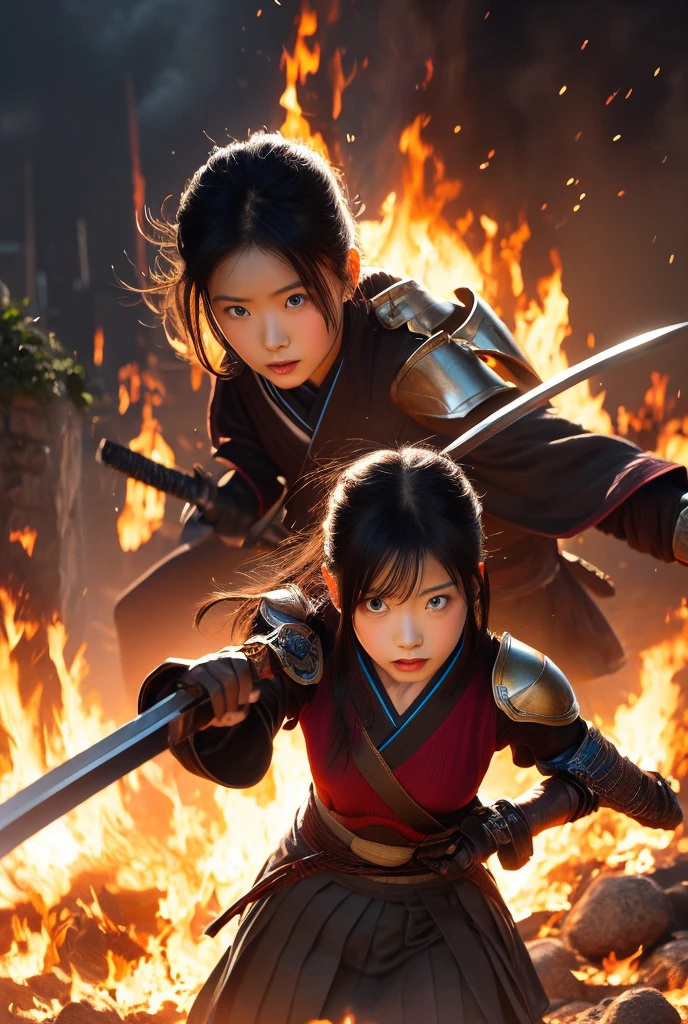 Sengoku period、pretty girl、 female swordsman、Battle with Dragons 、Flaming Sword