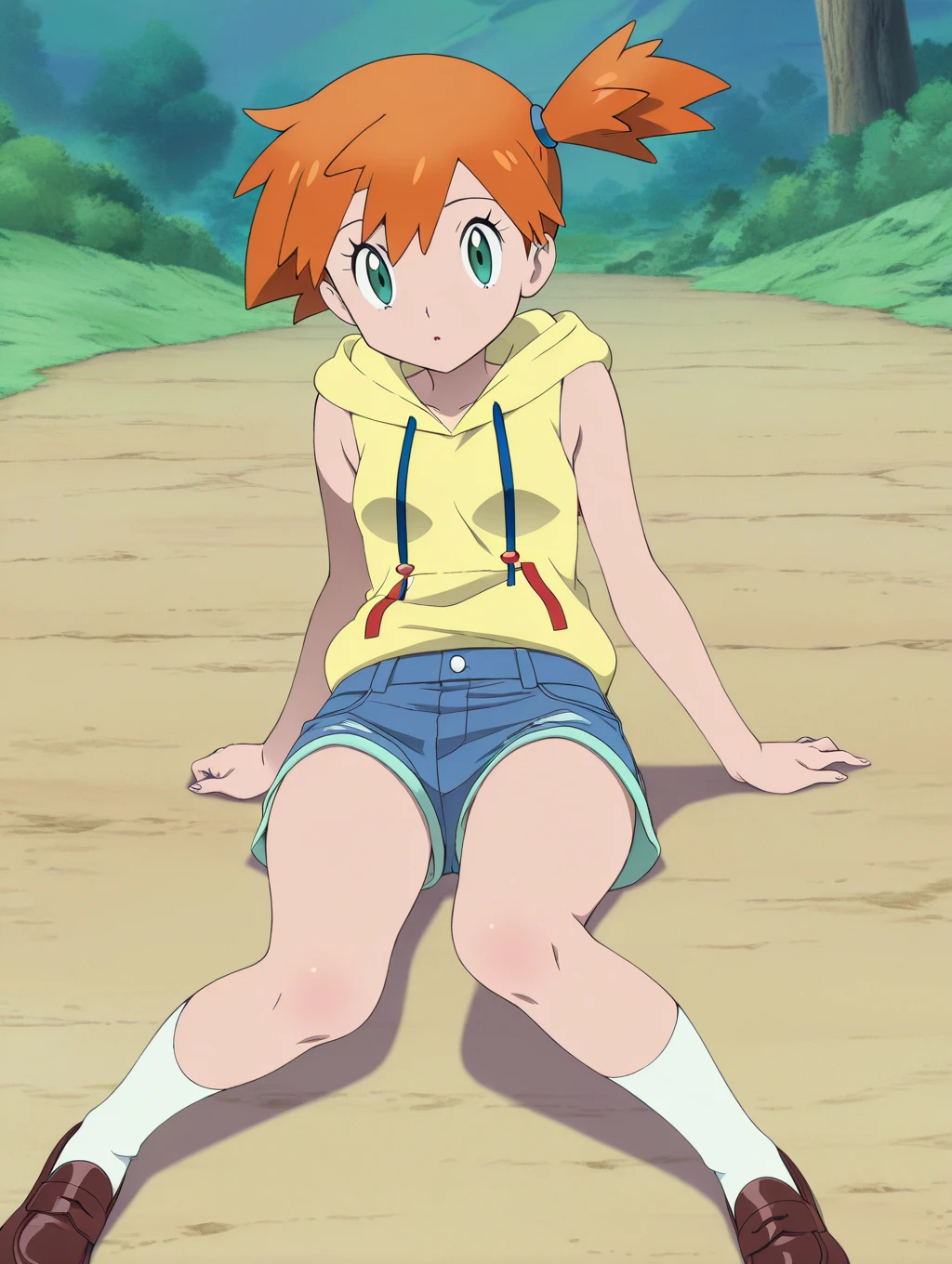 Edward, orange hair, blush stickers, (tanned skin) (), , brown eyes, goggles on head, smile, sitting in ruined desert city,  feet, full body, looking at viewer (insanely detailed, beautiful detailed face, masterpiece, best quality ,